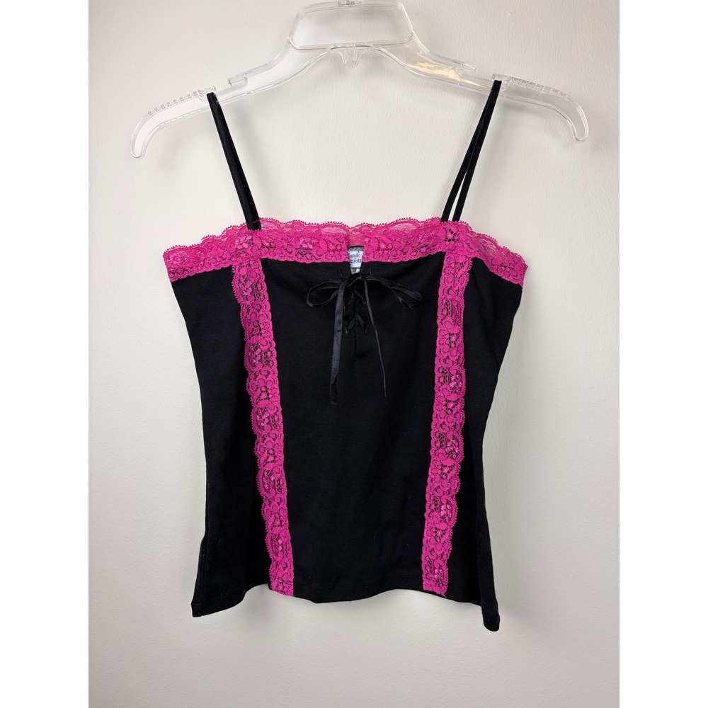 Y2K One Blonde One Brunette Cami Tank Top Large Black Pink Lace Trim Ribbon Bow
